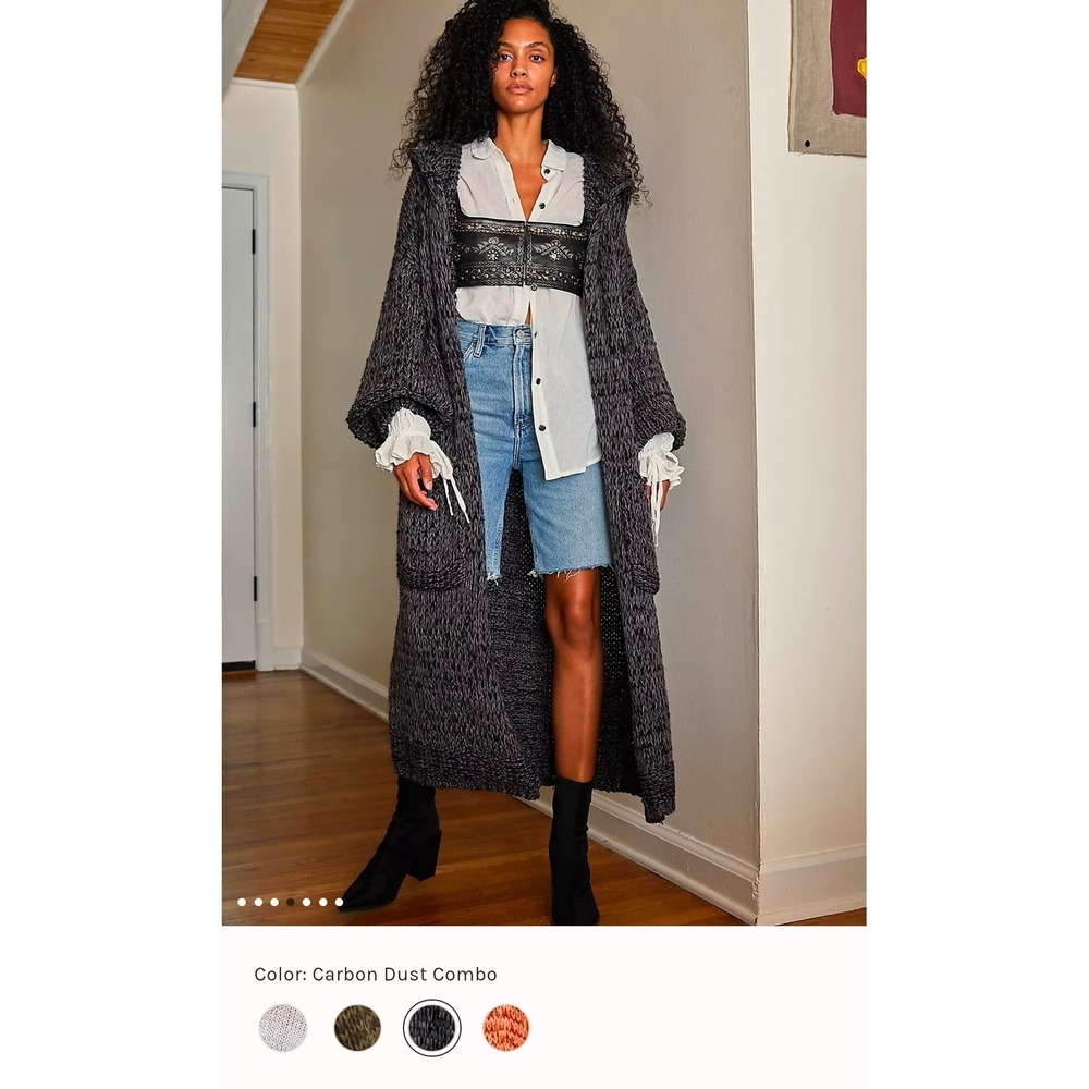 Free People Crofter Cardi Carbon Dust Longline Hooded Cardigan Sweater Small